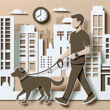 Image of a paper cutout style picture of a man walking a dog in a city for a blog post covering the proper walking time for dogs.